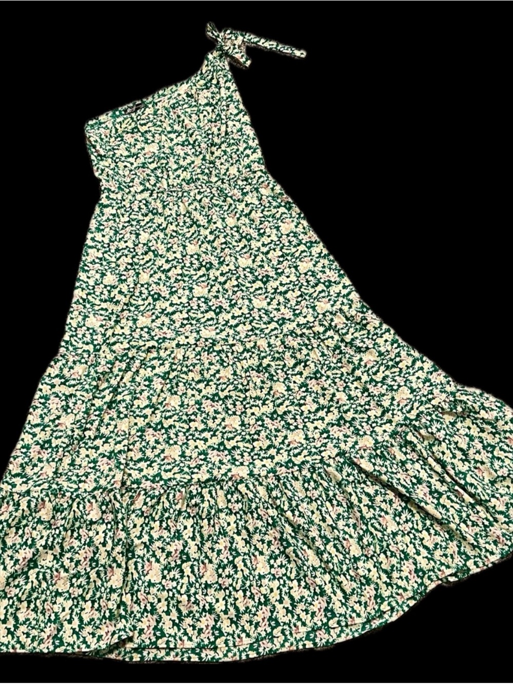 Green Floral Maxi Skirt with Tie Waist Off Shoulder Size L